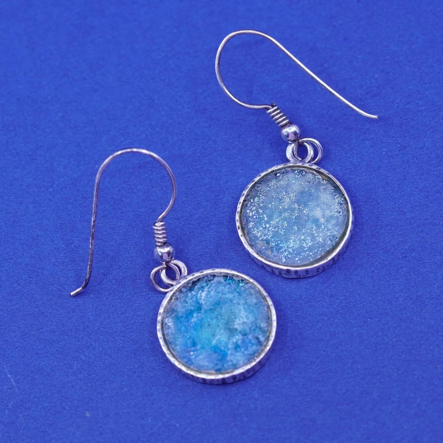 Vintage designer Sterling 925 silver handmade circle earrings with Roman glass