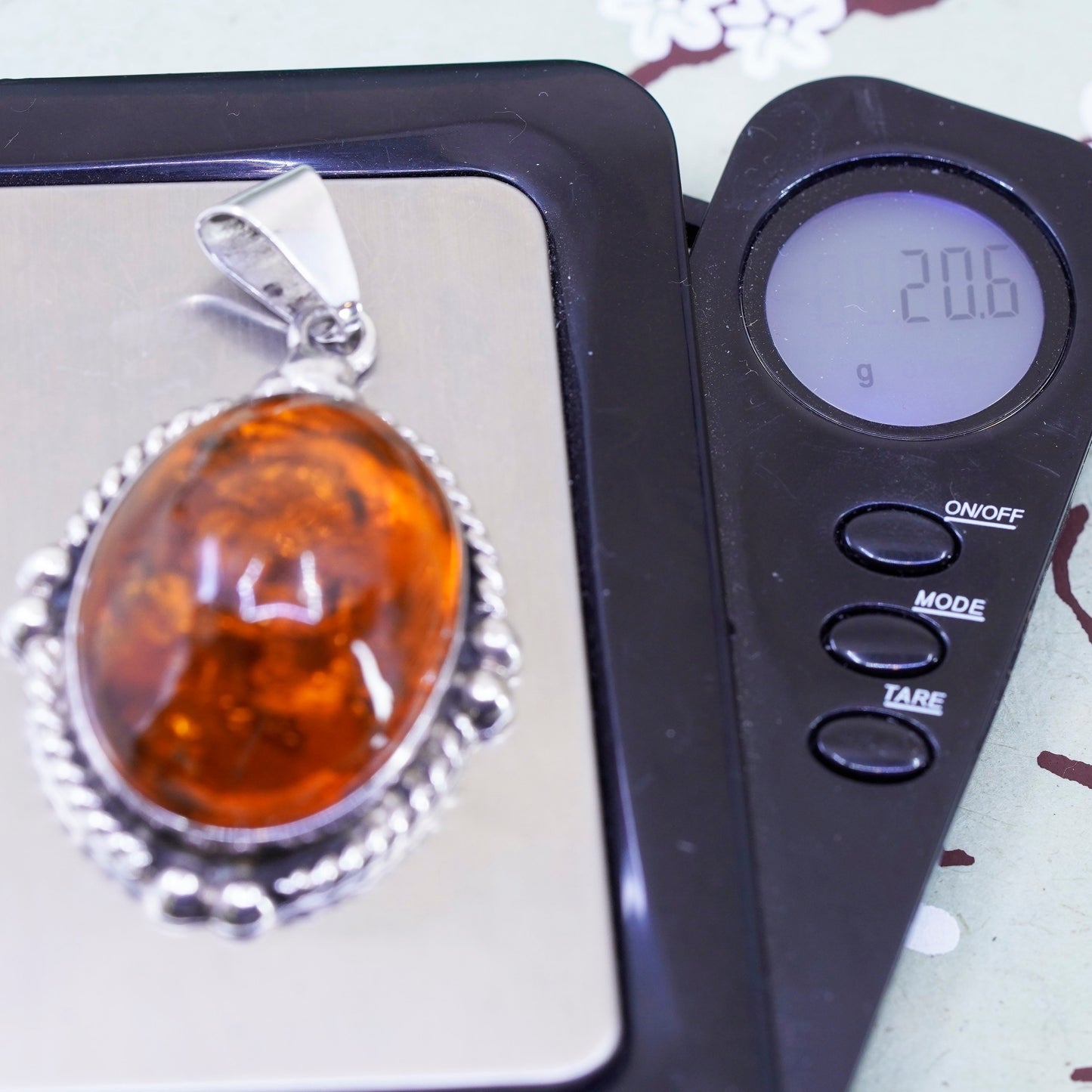 Vintage modern Sterling 925 silver handmade pendant with huge Amber and beads