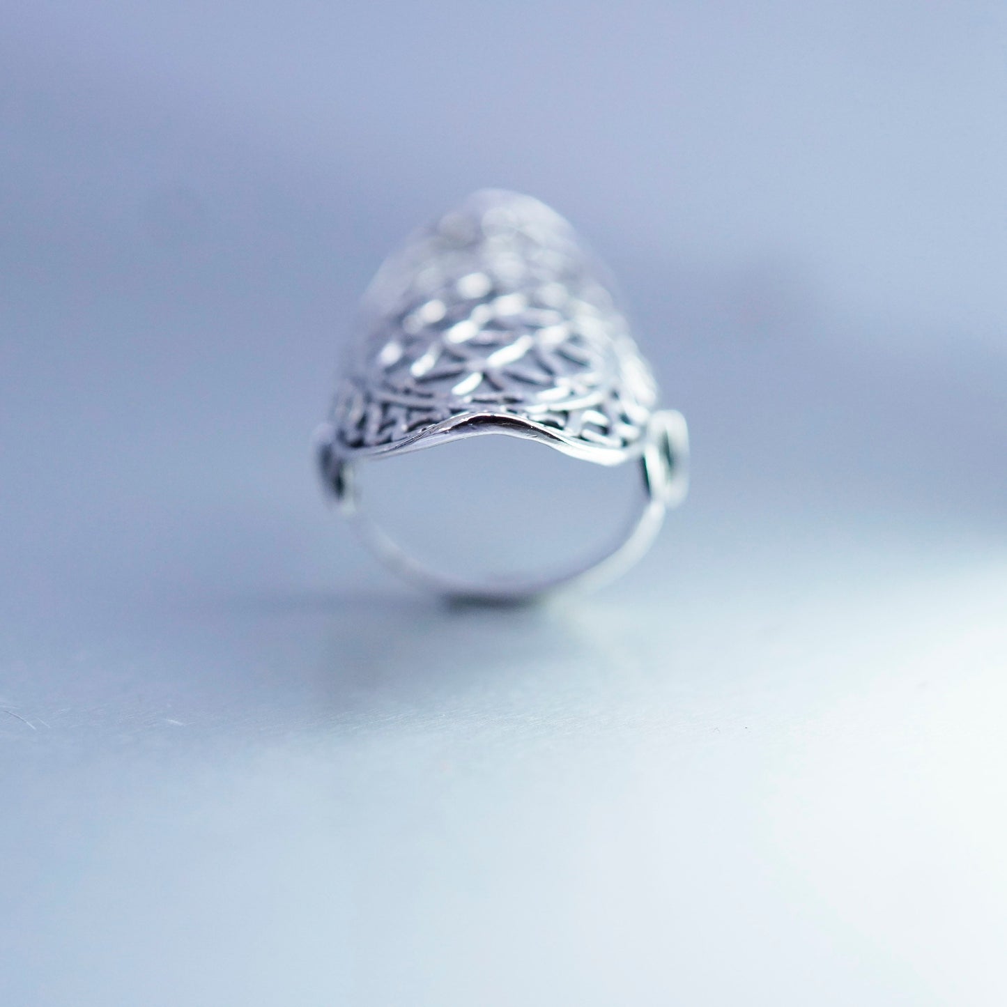 Size 6.25, vtg Sterling 925 silver handmade ring, filigree finger guard band