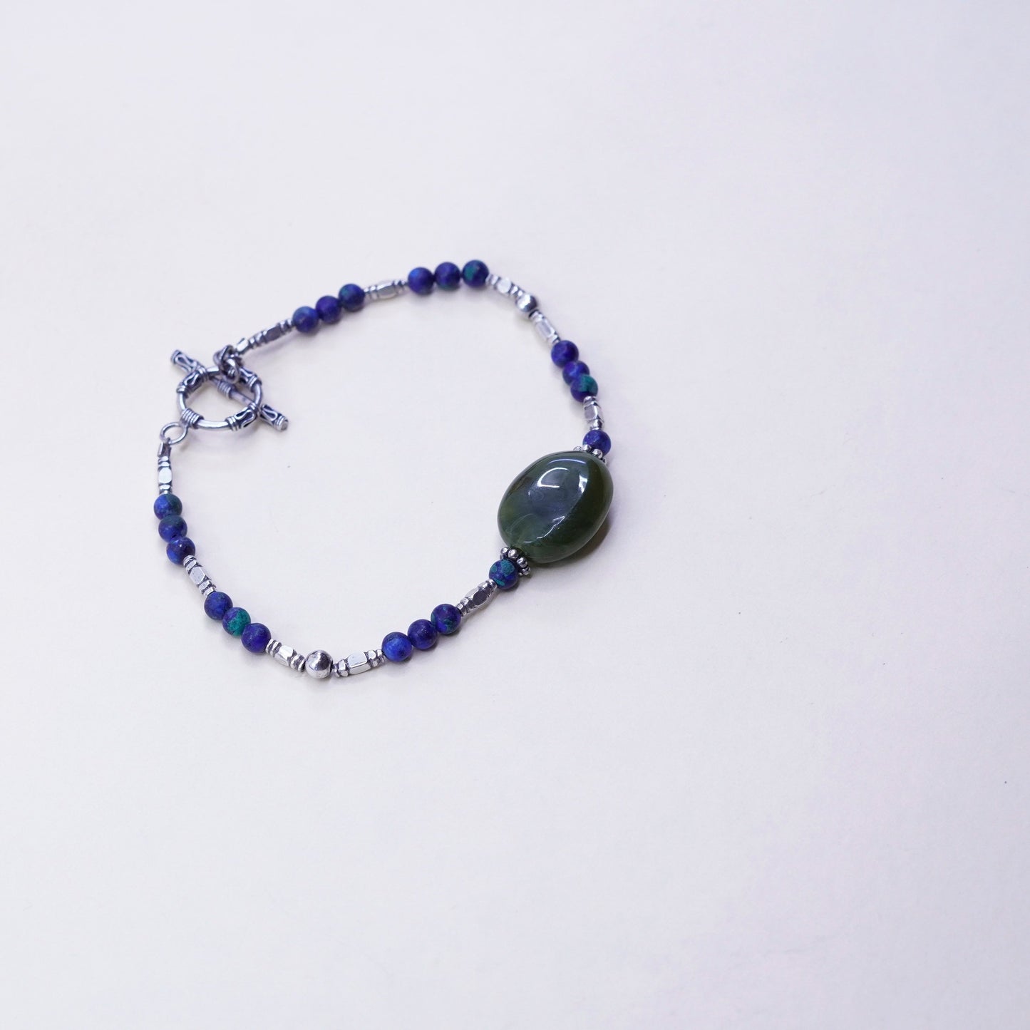 7.75”, vtg handmade bracelet, azurite malachite beads chain sterling 925 silver