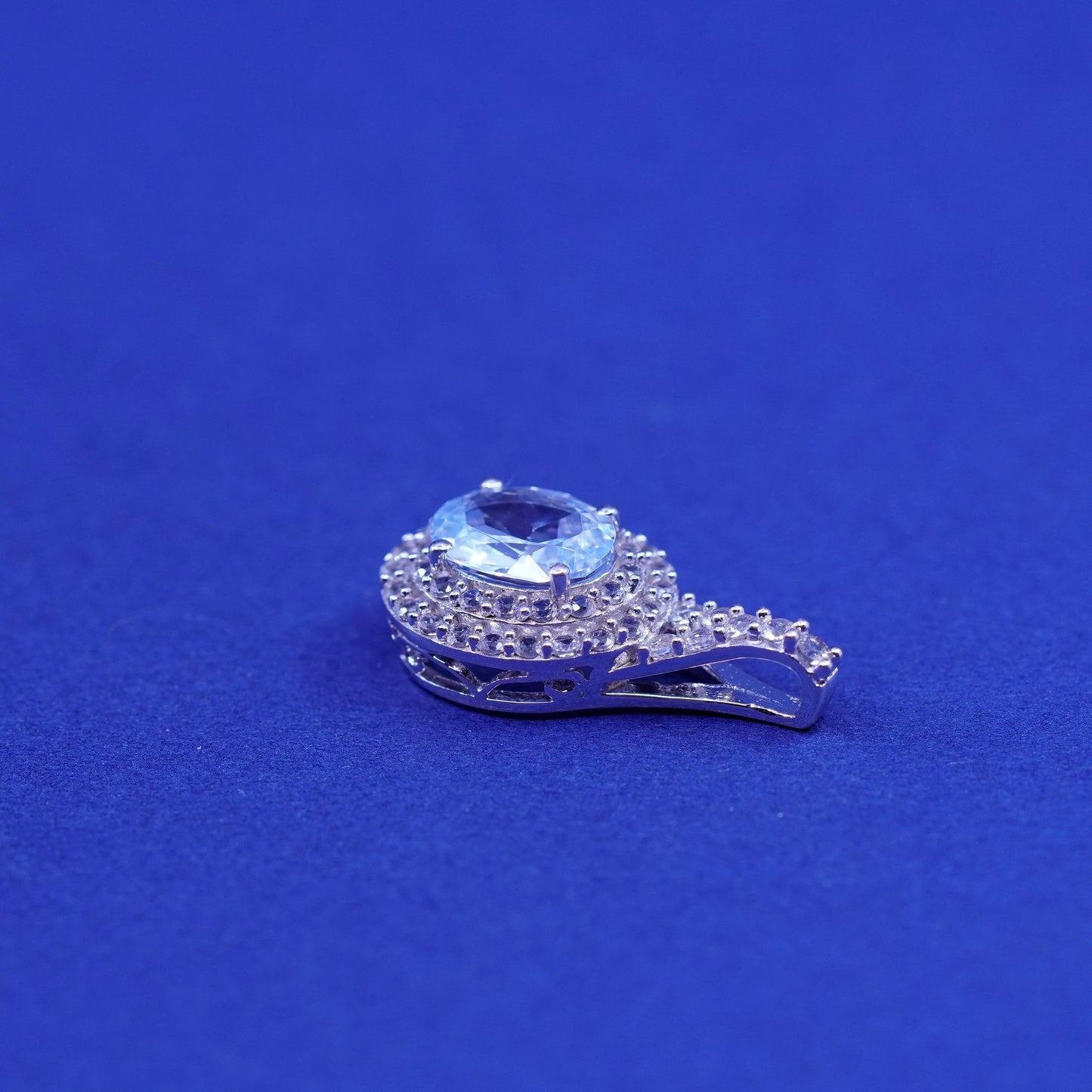 Vintage sterling 925 silver handmade pendant with blue topaz and cz