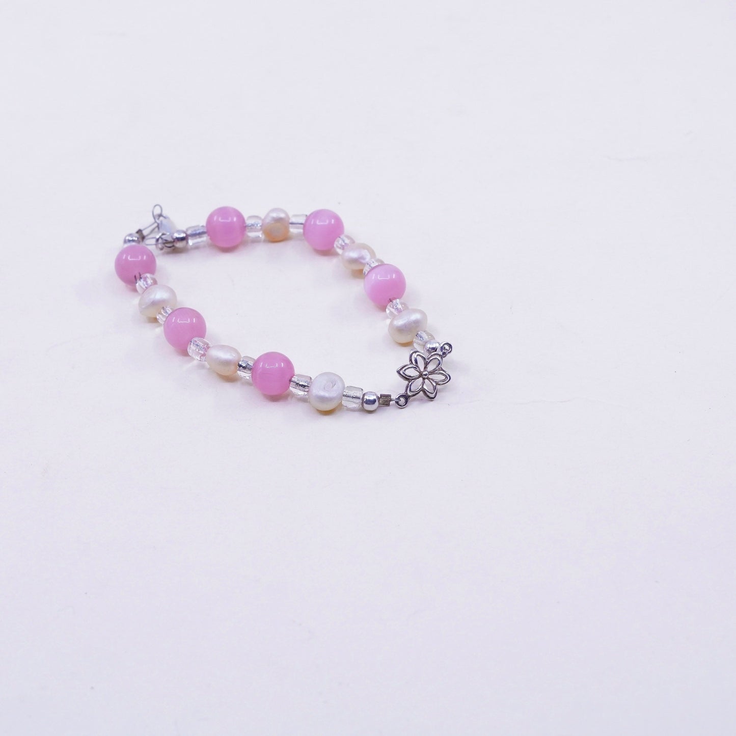 7”, handmade bracelet pearl pink cat eye beads sterling 925 silver flower
