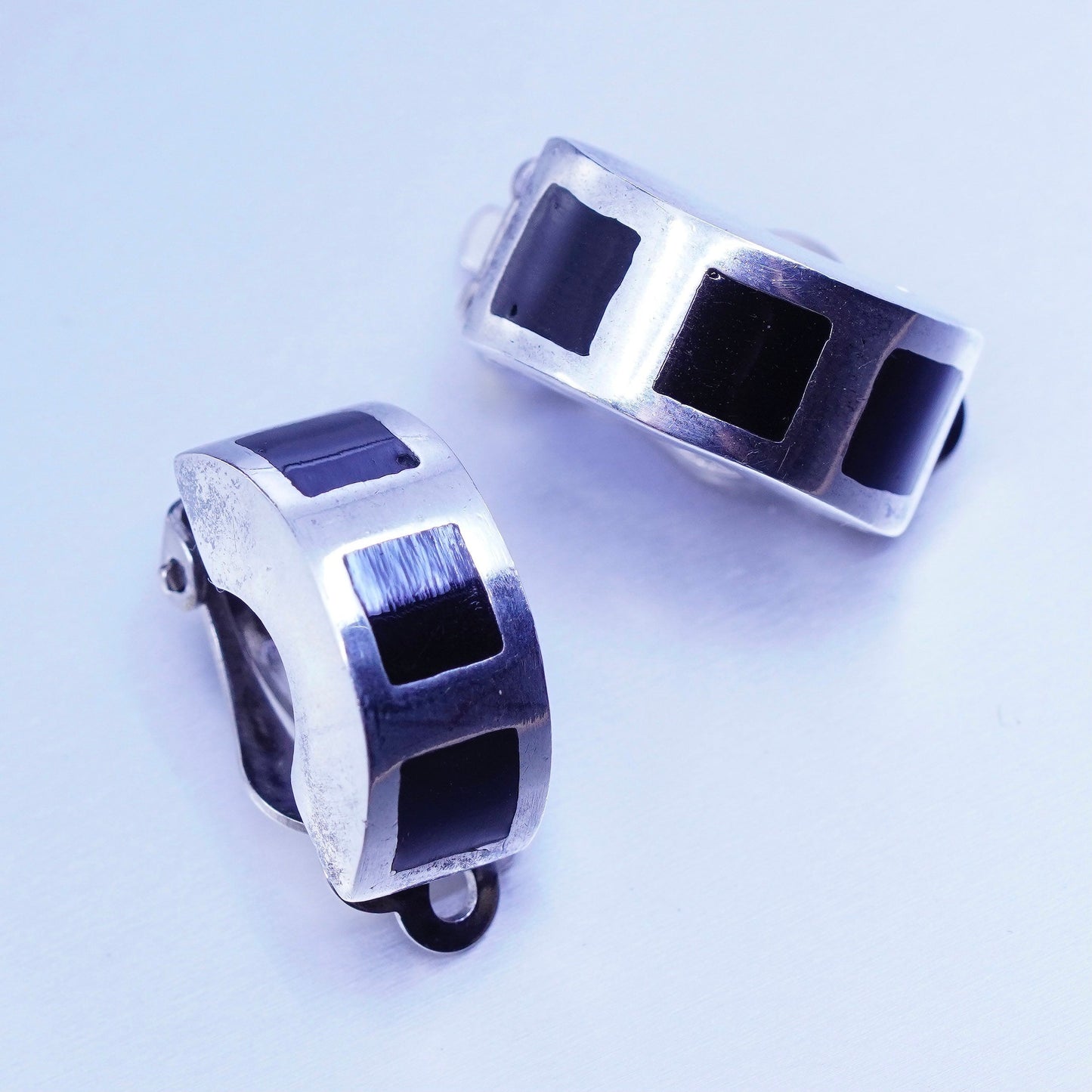 Vintage Sterling 925 silver handmade earrings, clip on with black onyx inlay