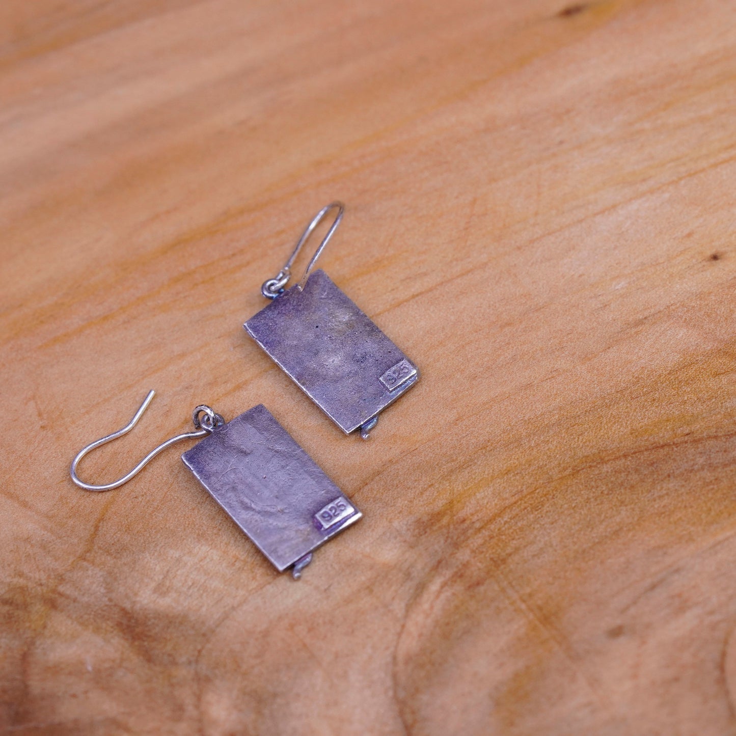 Vintage handmade sterling silver earrings, 925 rectangular dangle swirl relief