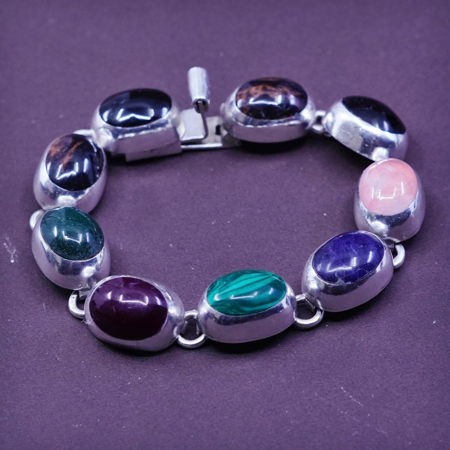 6.75”, mexico Sterling 925 silver bracelet w/ quartz obsidian jasper malachite