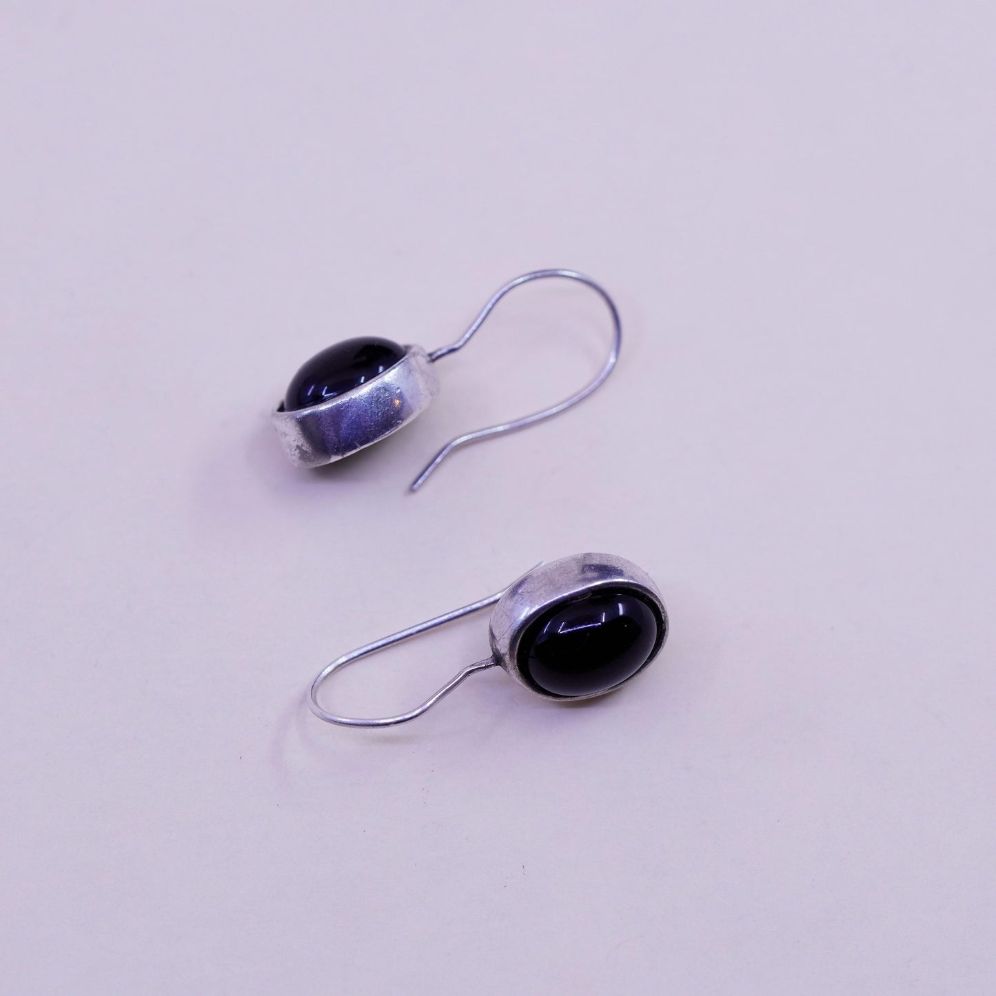 Vintage Sterling 925 silver handmade earrings with oval obsidian drops, elegant