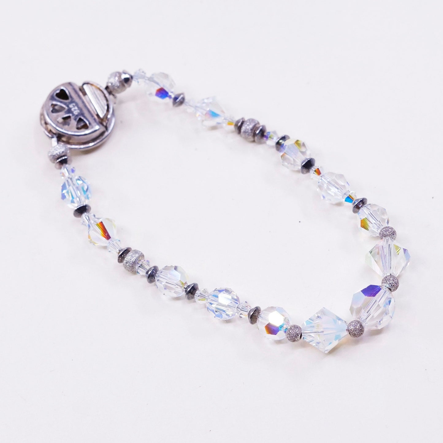 6.5”, vtg sterling silver handmade bracelet, 925 clasp with crystal beads