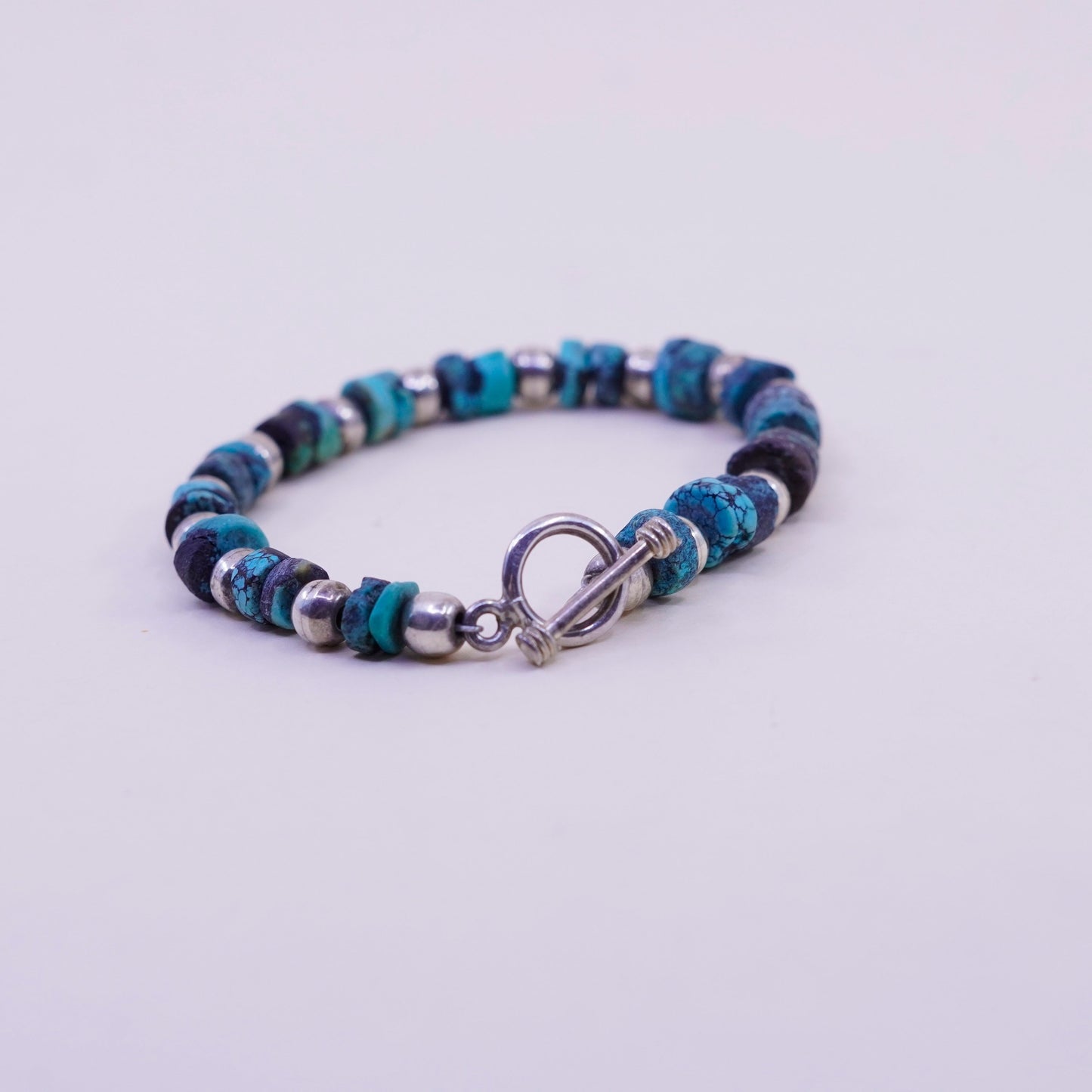 7”, Native American Sterling 925 silver heishi bracelet spiderweb turquoise