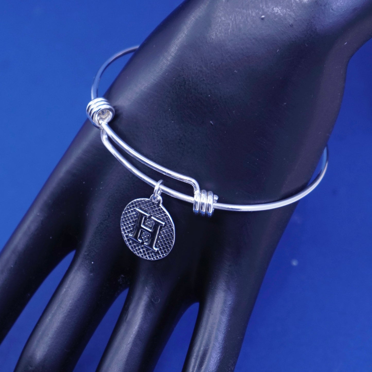 8”, vintage sterling silver handmade bracelet, 925 bangle w/ initial “H” charm