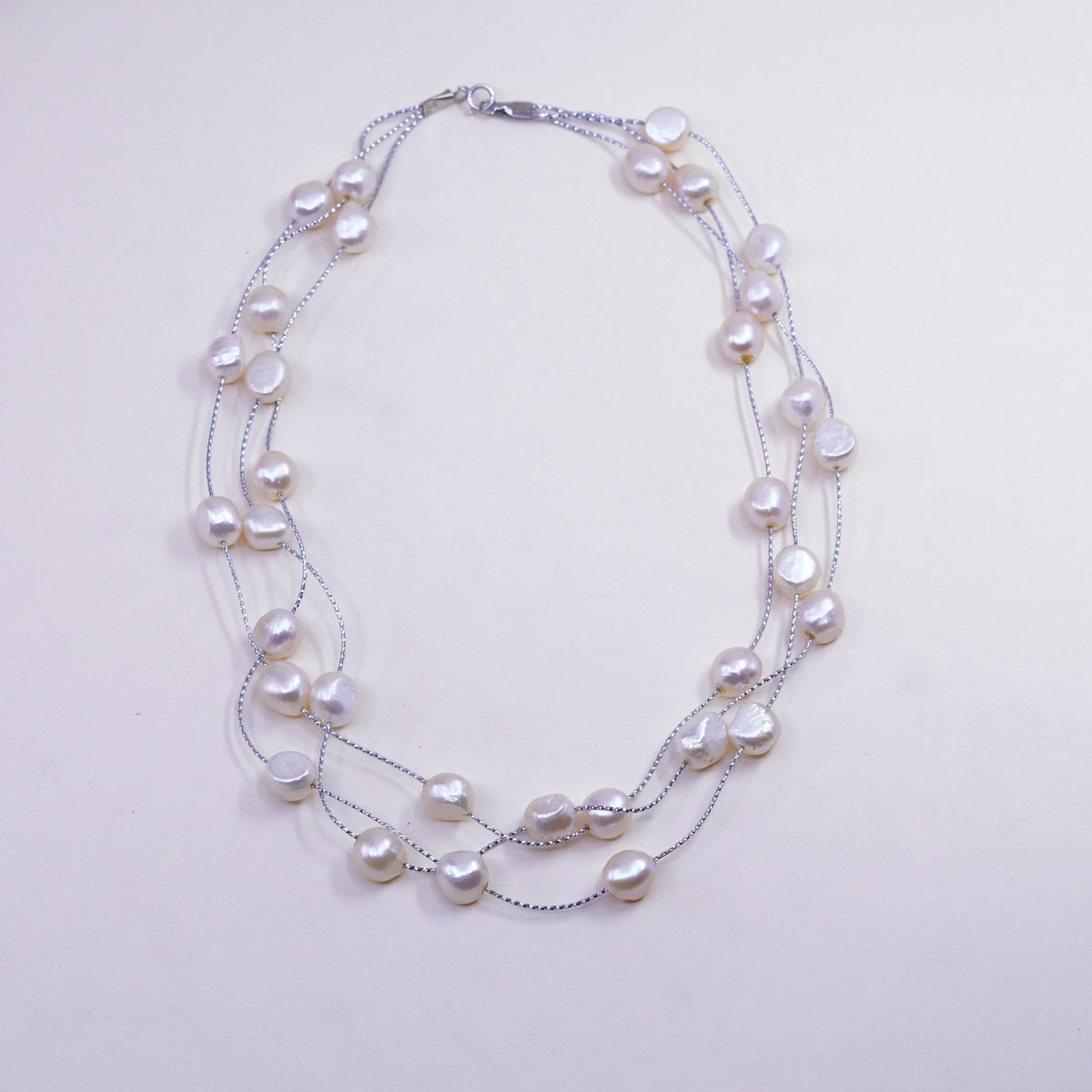 17”, Vintage handmade multi strands Sterling silver wheat chain pearl beads
