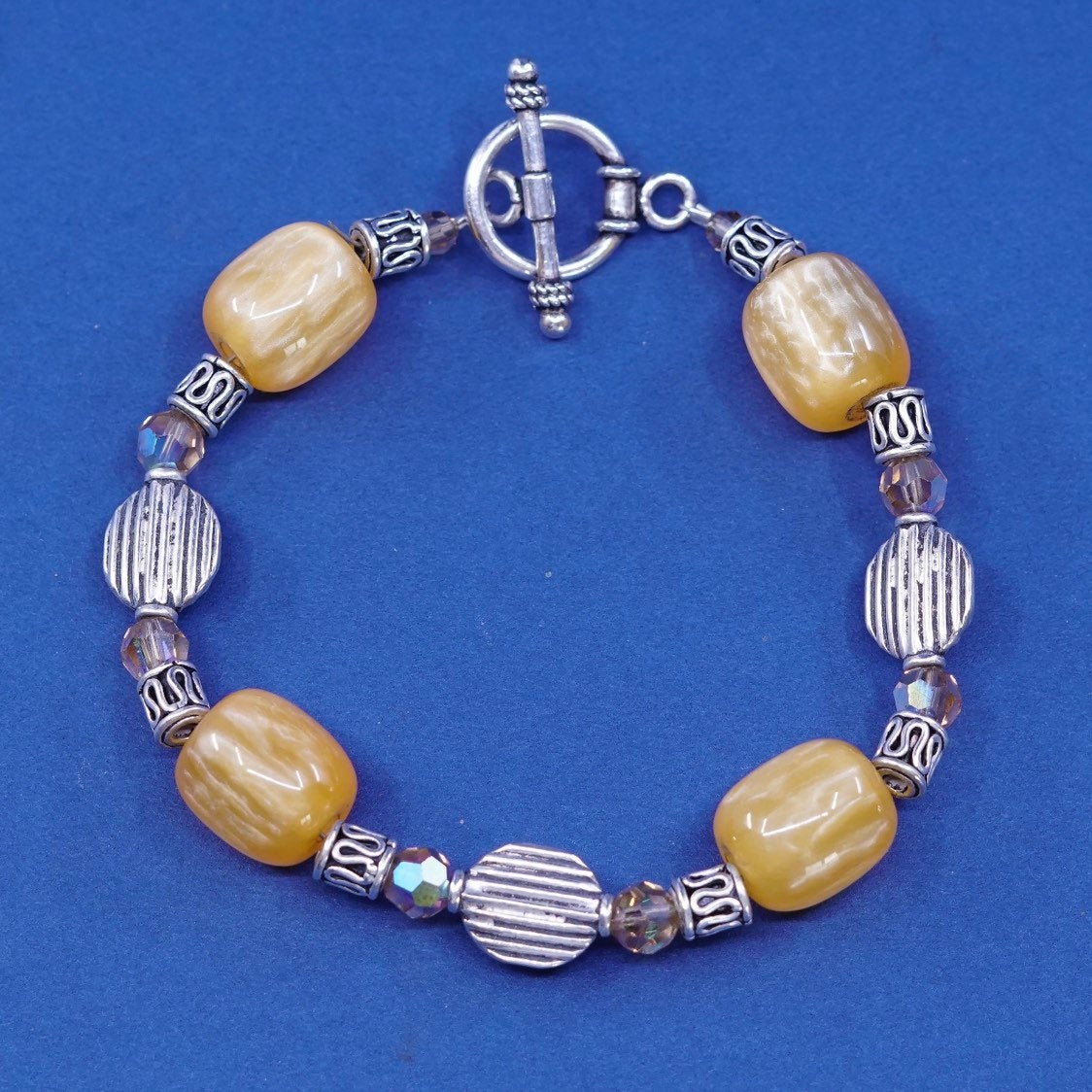 7”, vtg sterling silver handmade bracelet, 925 beads N yellow beads w/ toggle