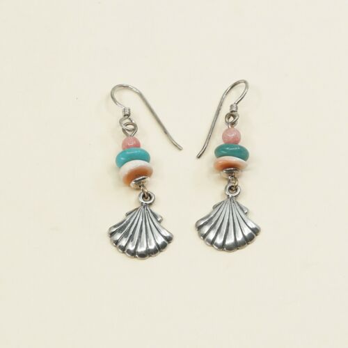 Vtg Southwestern handmade 925 Sterling Silver Earrings, Shell Dangles Turquoise