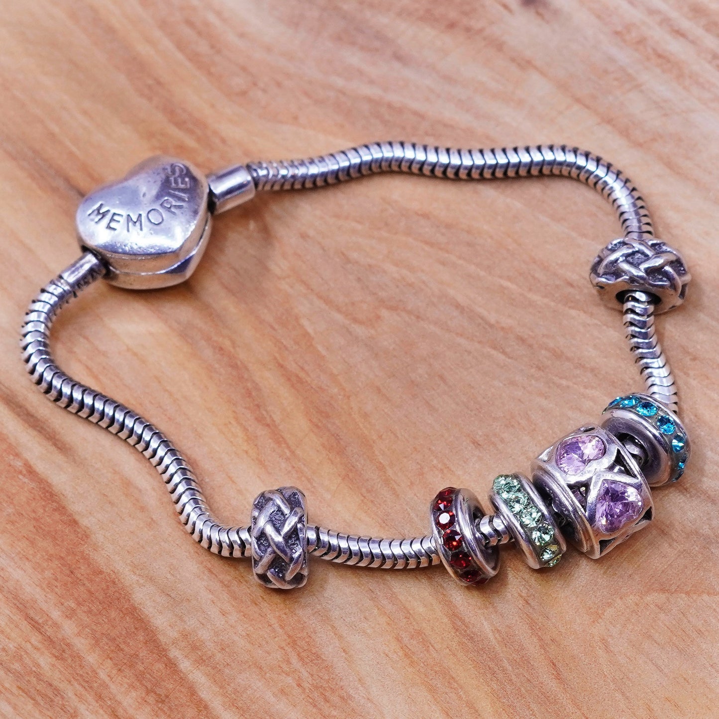 6.25”, RJ sterling silver bracelet, 925 snake chain charms memories heart