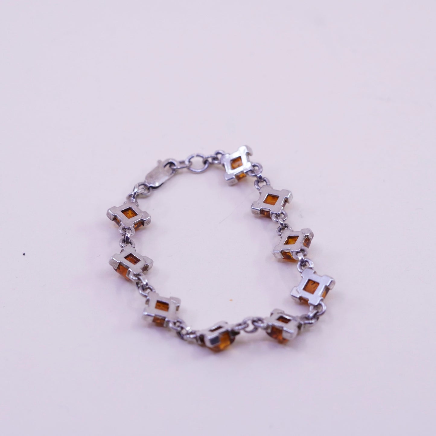 6.5”, Vintage sterling 925 silver handmade tennis bracelet with square amber