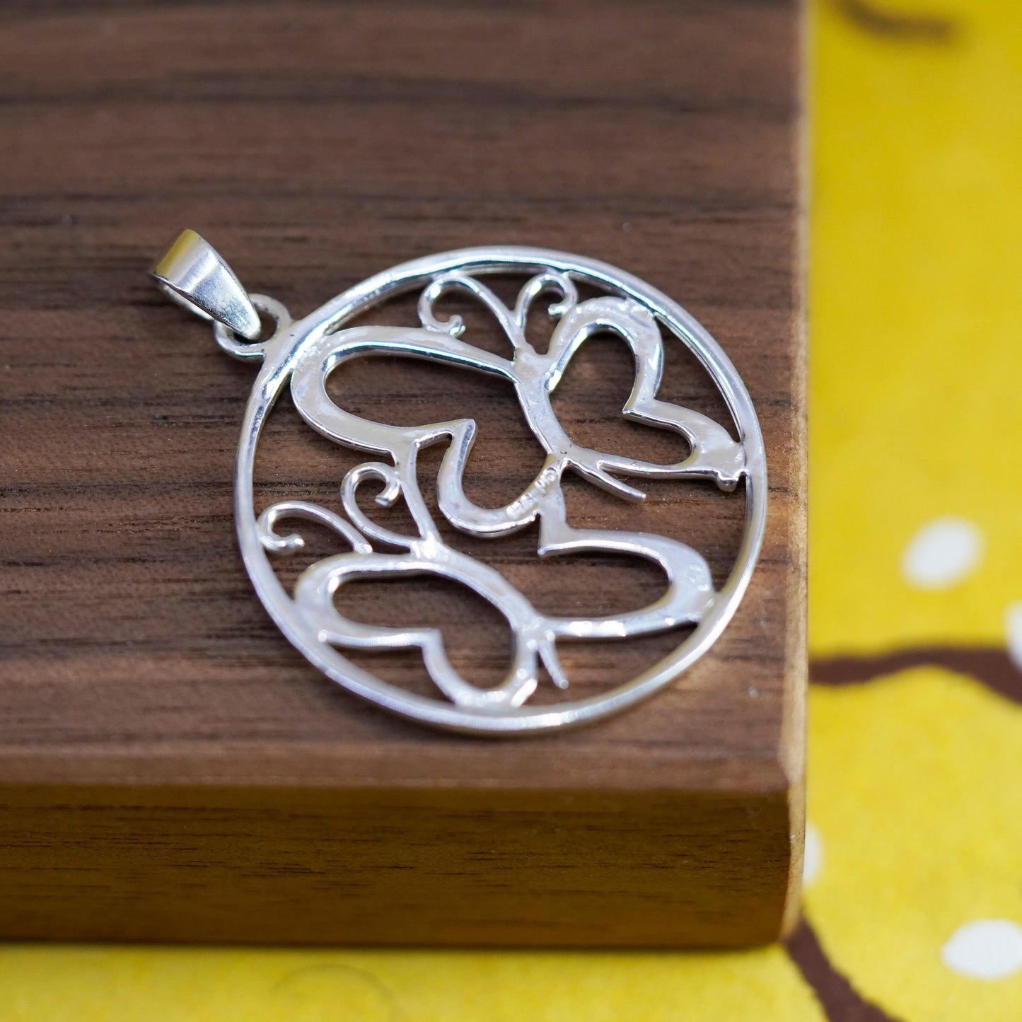 Vintage Sterling 925 silver handmade butterfly circle pendant