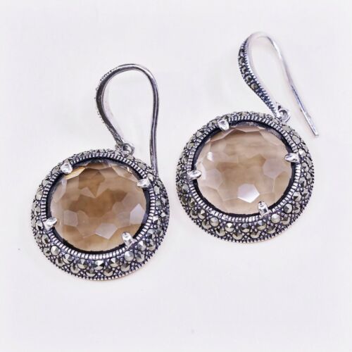 Vtg lavish by tjm Sterling 925 silver earrings Drops W/ Smoky Topaz Marcasite