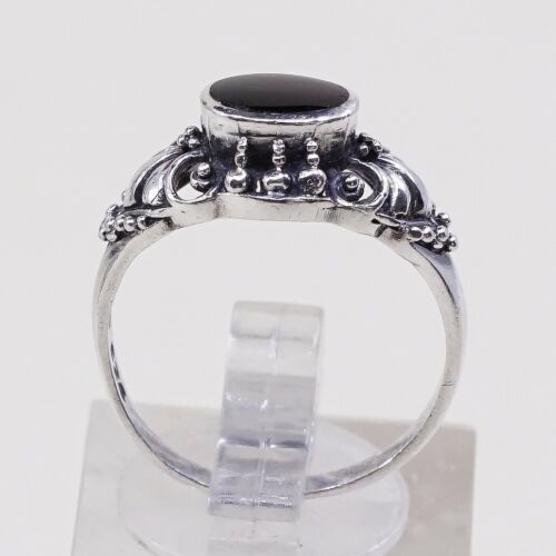 Sz 7.25, Vtg Sterling Silver Handmade Ring, 925 Band W/ Oval obsidian N Beads