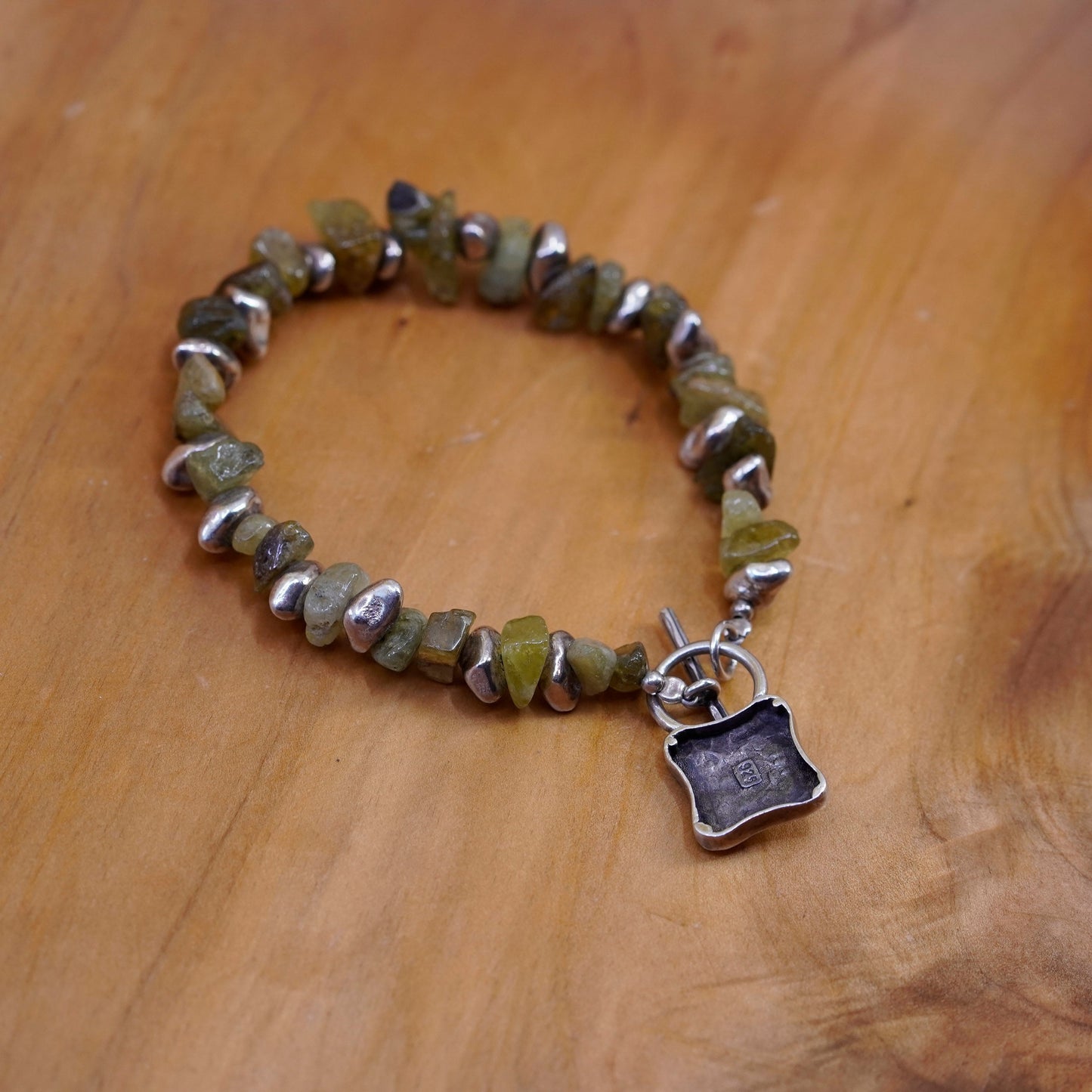 6.75”, Sterling 925 silver handmade bracelet, irregular jade nuggets toggle