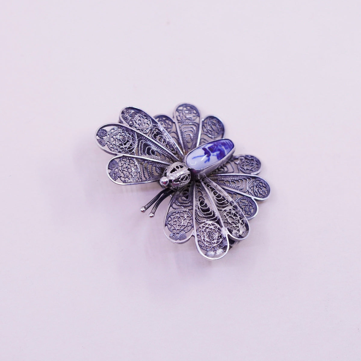 Holland Delft Windmill .925 Sterling Silver filigree Bezel butterfly Pin Brooch