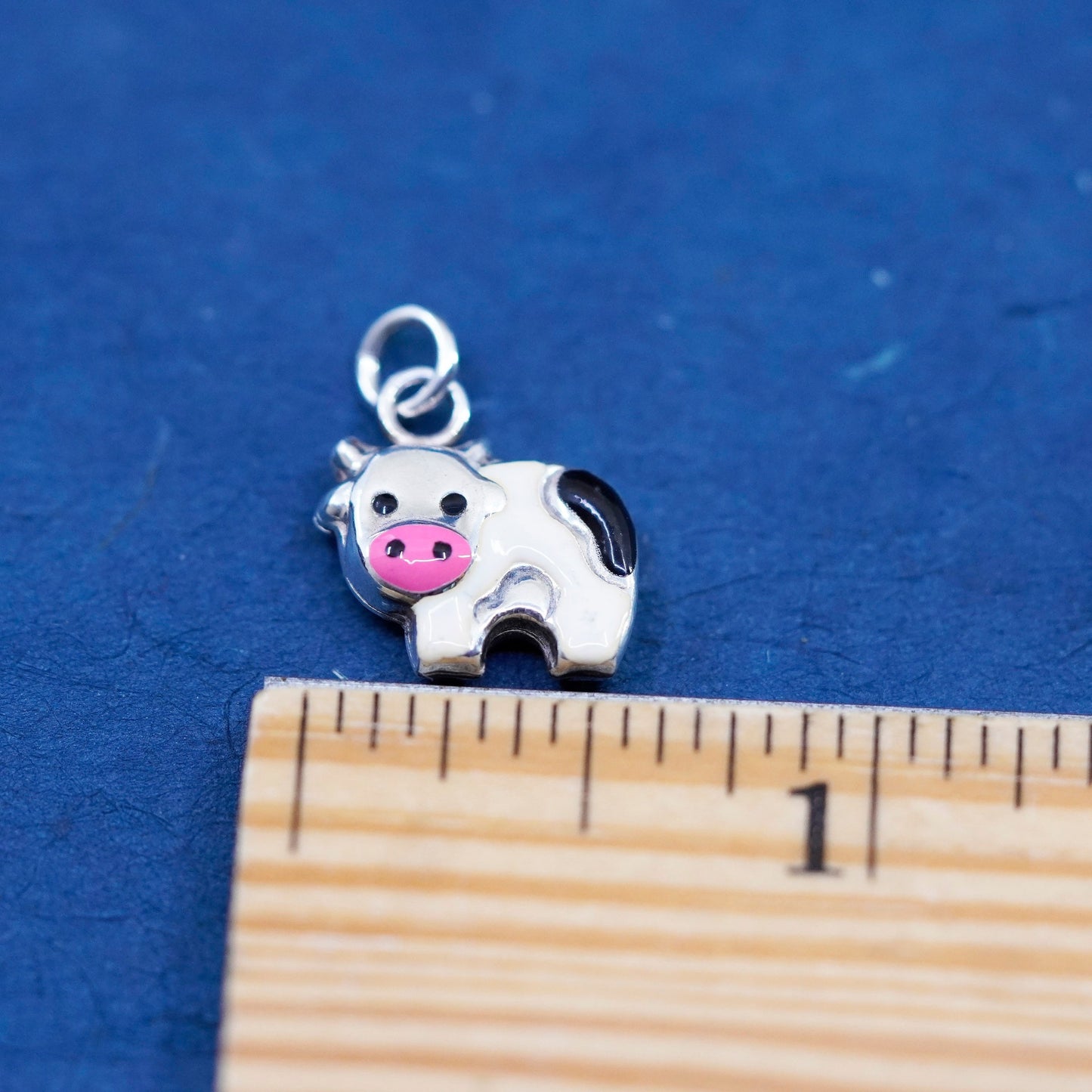 Vintage Sterling 925 silver handmade pendant, enamel cow charm