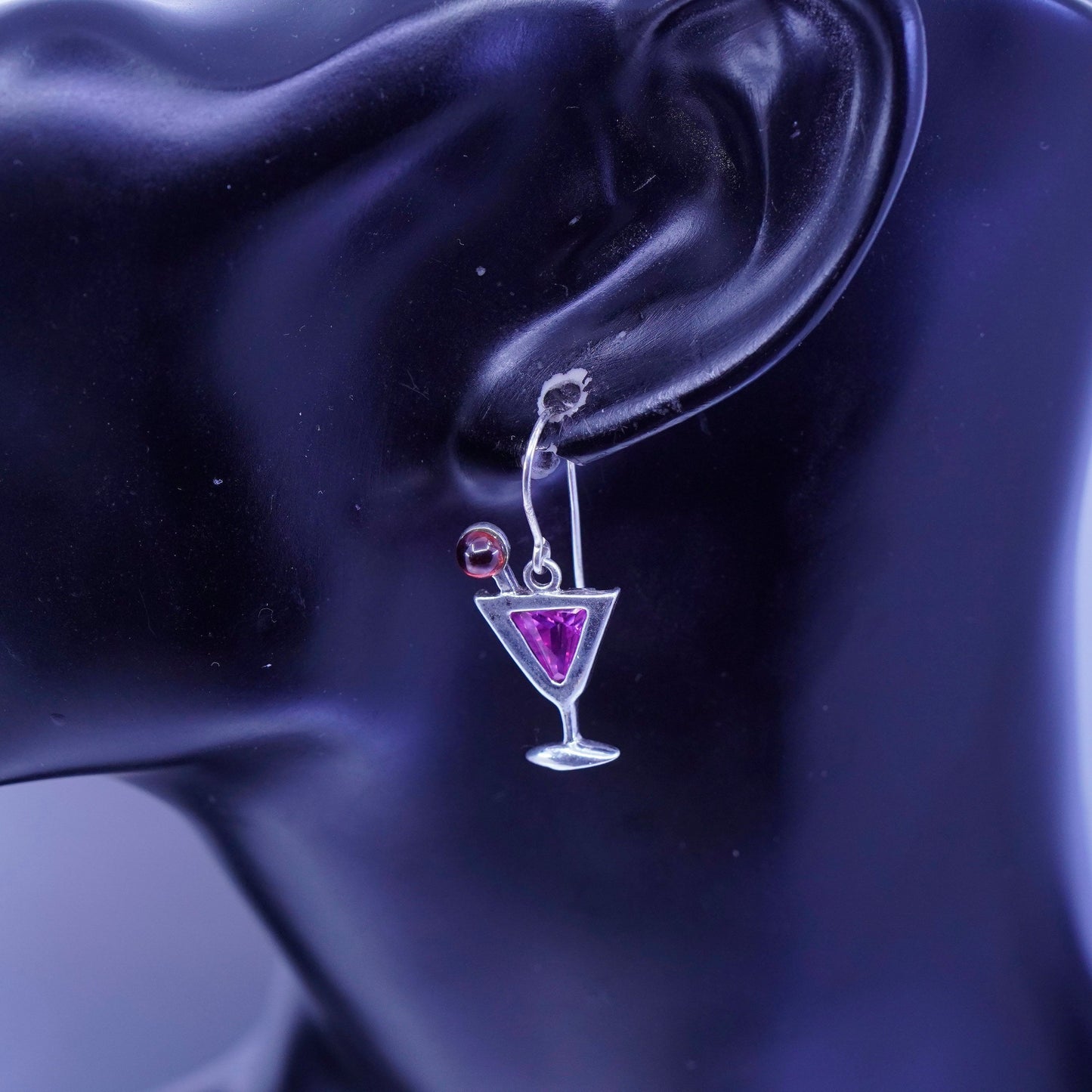 vtg Sterling 925 silver handmade cocktail earrings pink crystal garnet olive