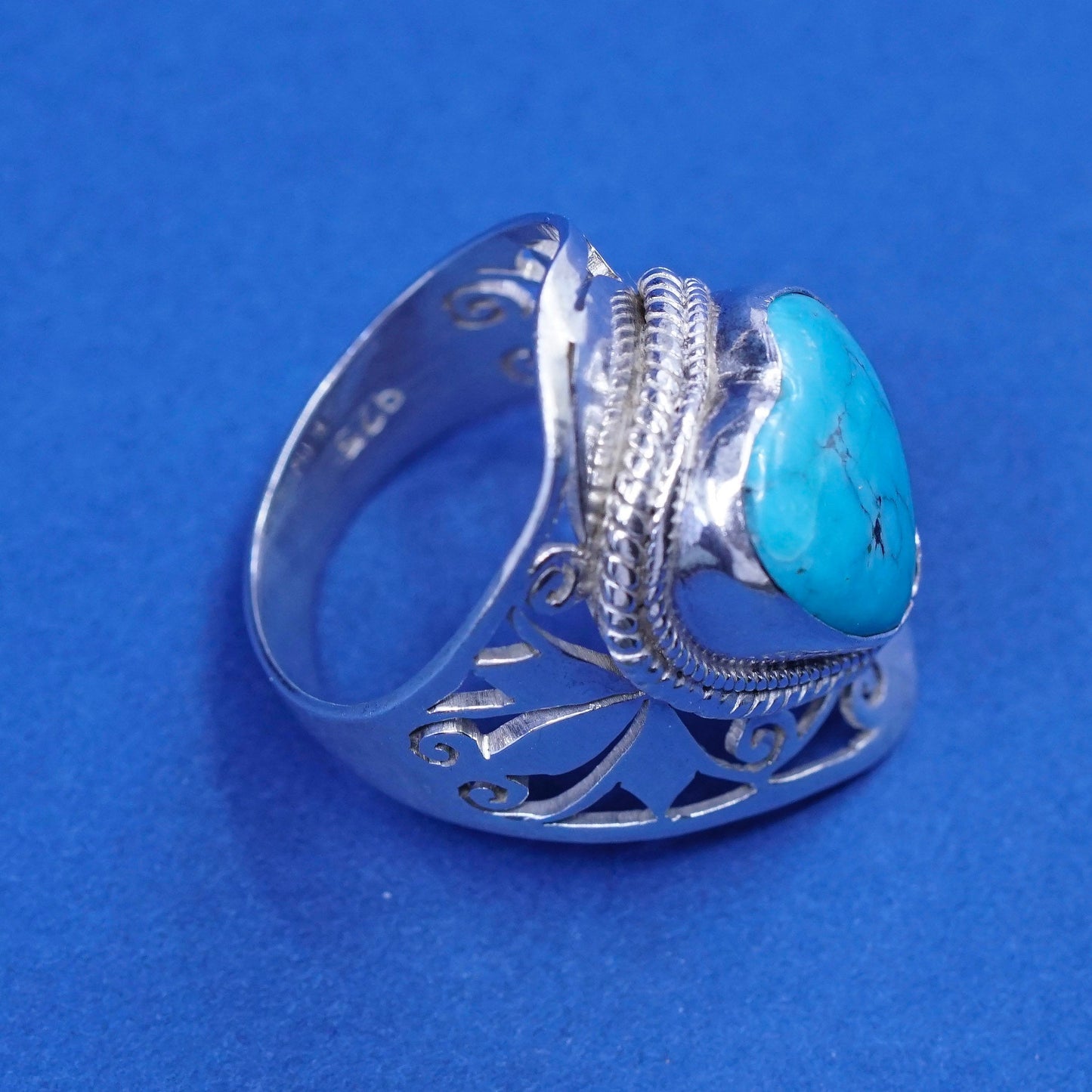 sz 7.5, Sterling 925 silver handmade ring w/ heart turquoise N swirl filigree