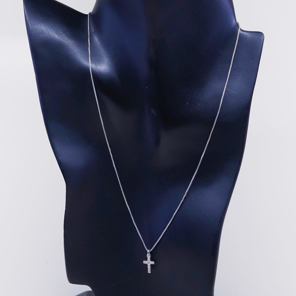 18”, 1mm, Vintage sterling silver box chain w/ cross pendant, necklace