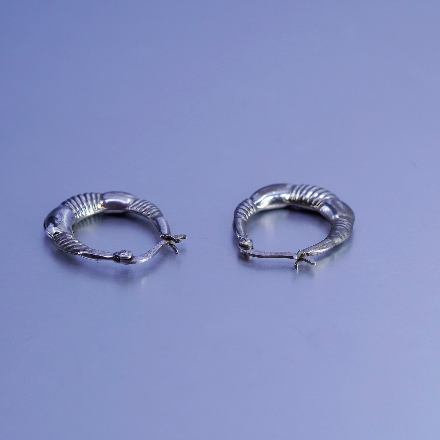 0.75”, vintage Sterling silver handmade earrings, ribbed 925 hoops