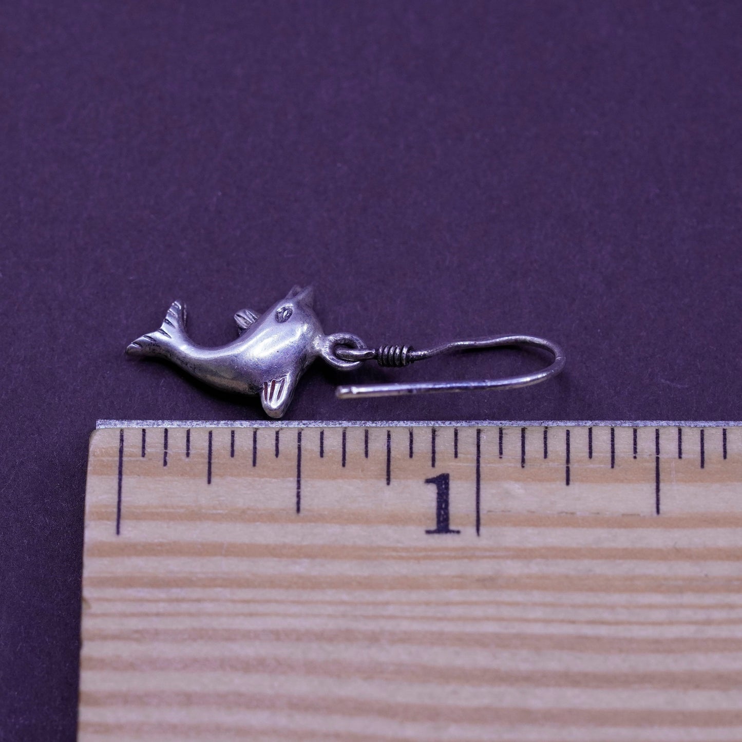 Vintage Sterling silver handmade earrings, 925 dolphin dangle