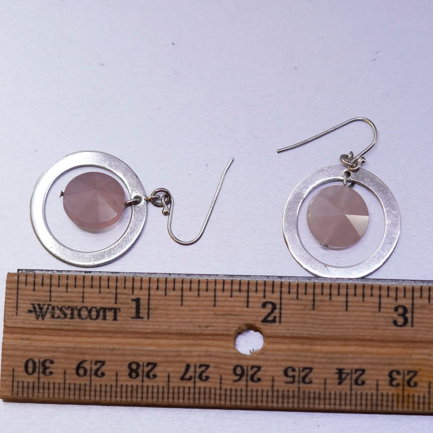 Vintage Sterling 925 silver handmade round earrings with pink rose quartz