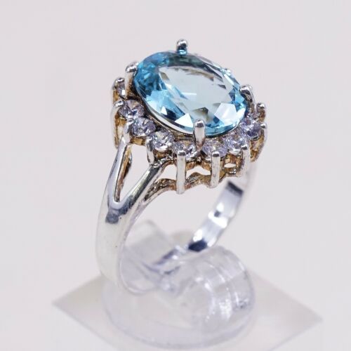 Sz 8.25, Vtg Sterling Silver Cocktail Ring, 925 W Blue topaz N Cz Around