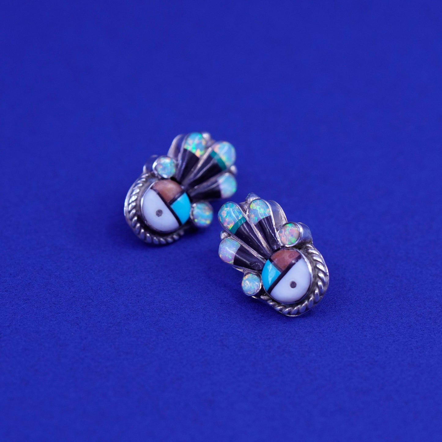 Vintage Native American sterling silver earrings, Zuni 925 studs opal turquoise