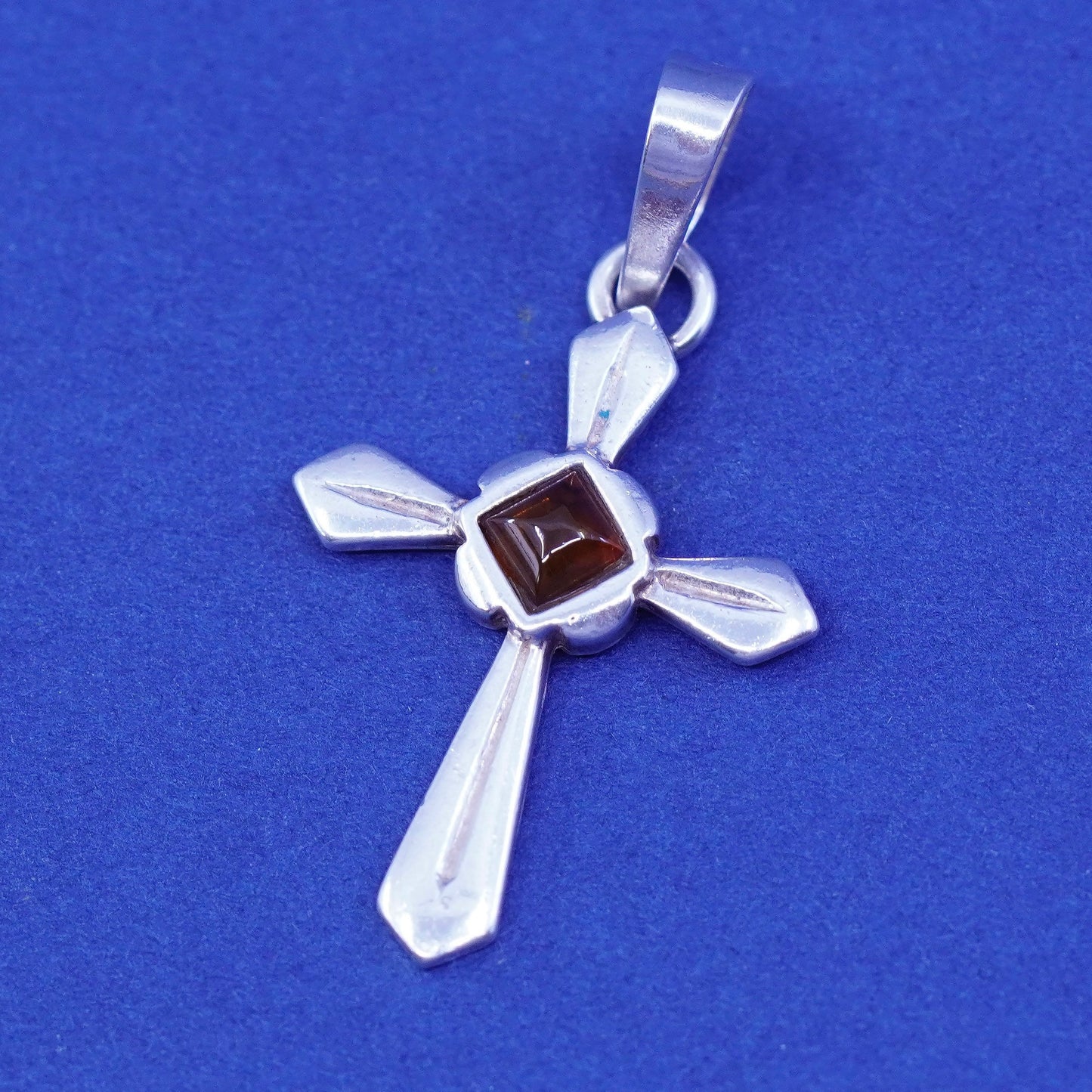 Vintage Sterling 925 silver handmade cross pendant with amber