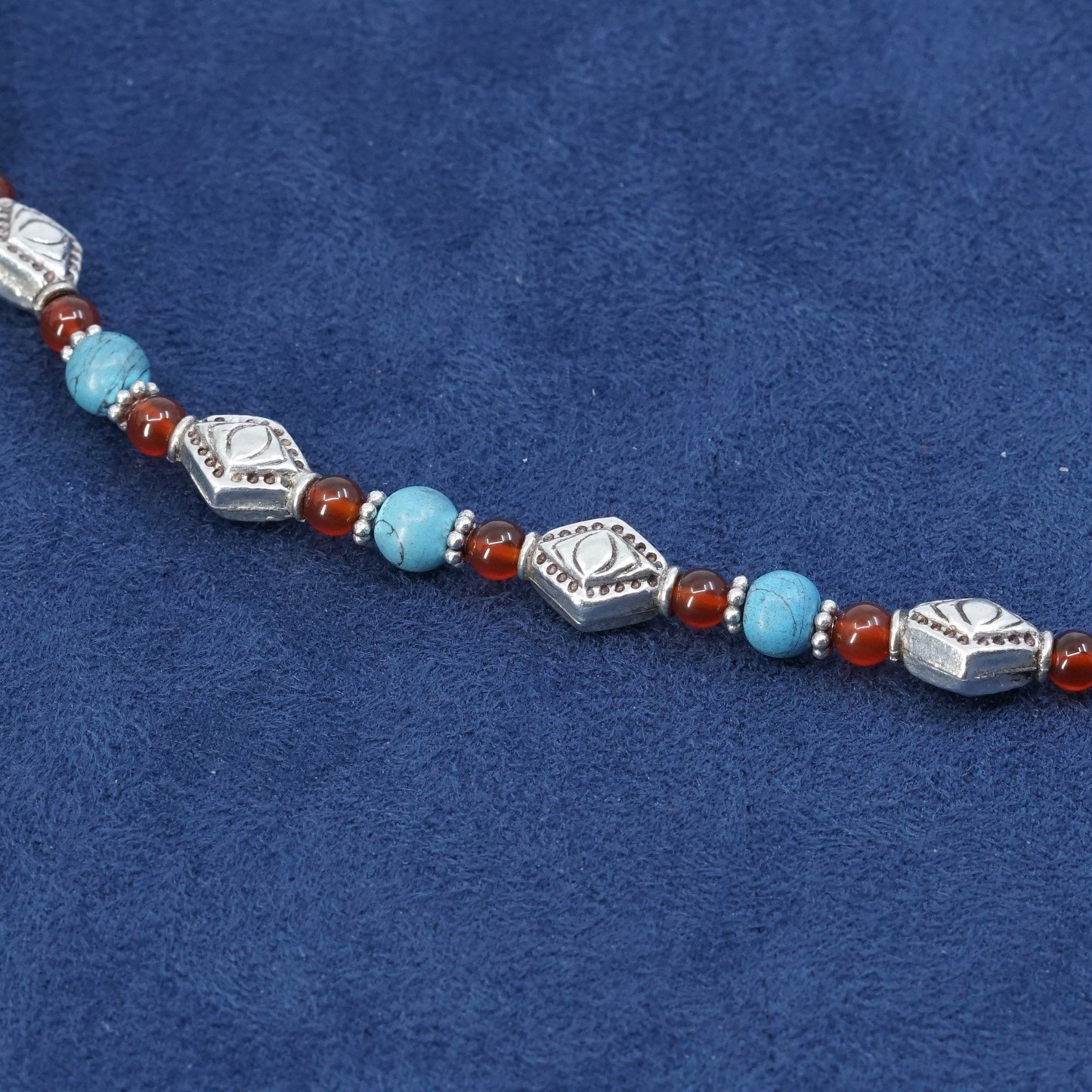 6.75”, vtg sterling silver handmade bracelet, 925 w/ turquoise N carnelian bead