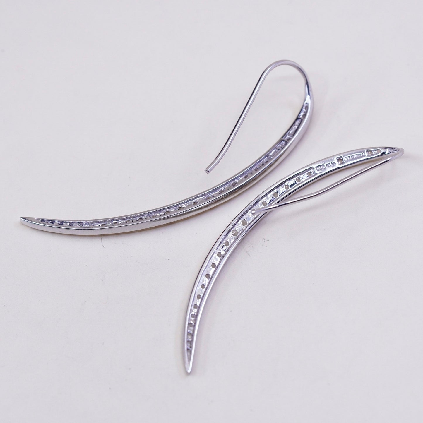 Vintage sterling silver extra long earrings, modern 925 silver curve with Cz