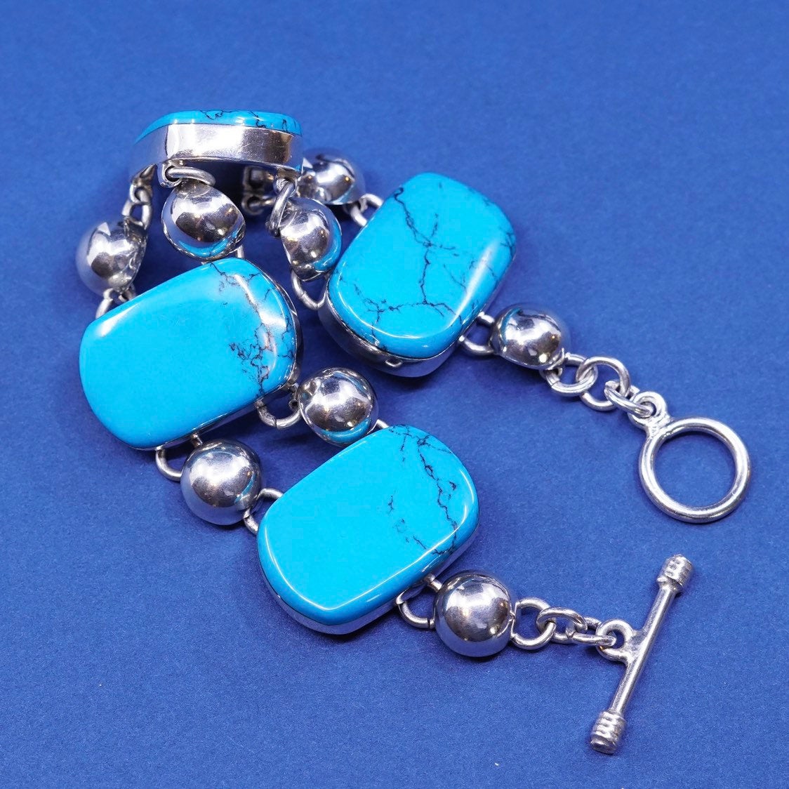6.5”, mexico sterling silver handmade bracelet, 925 w/ turquoise toggle closure