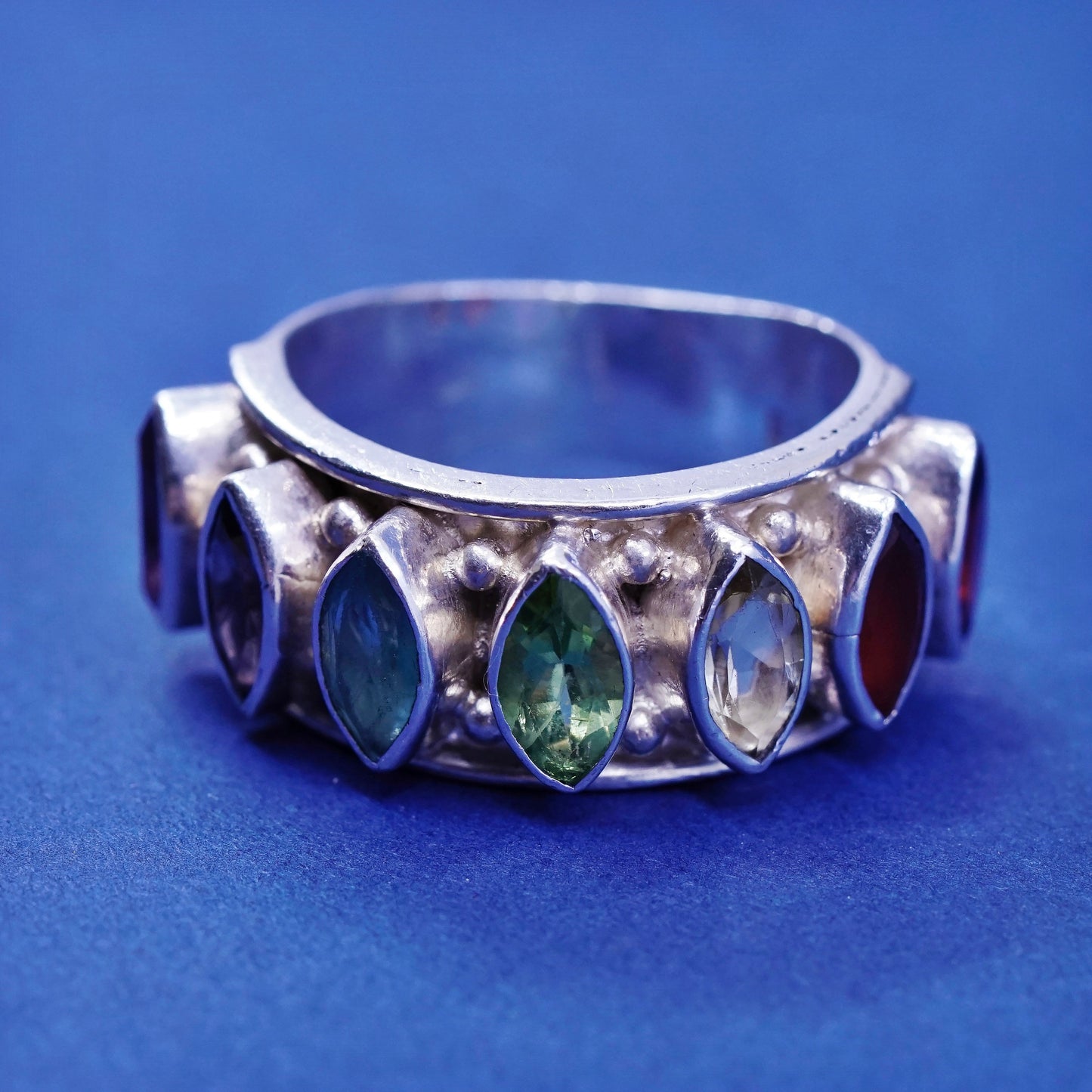sz 8, Sterling silver ring, 925 cocktail band with peridot ruby topaz amethyst