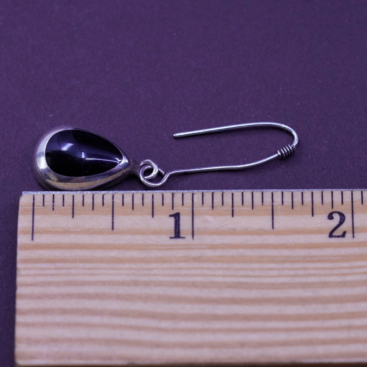 Vintage Sterling 925 silver handmade earrings with teardrop obsidian inlay