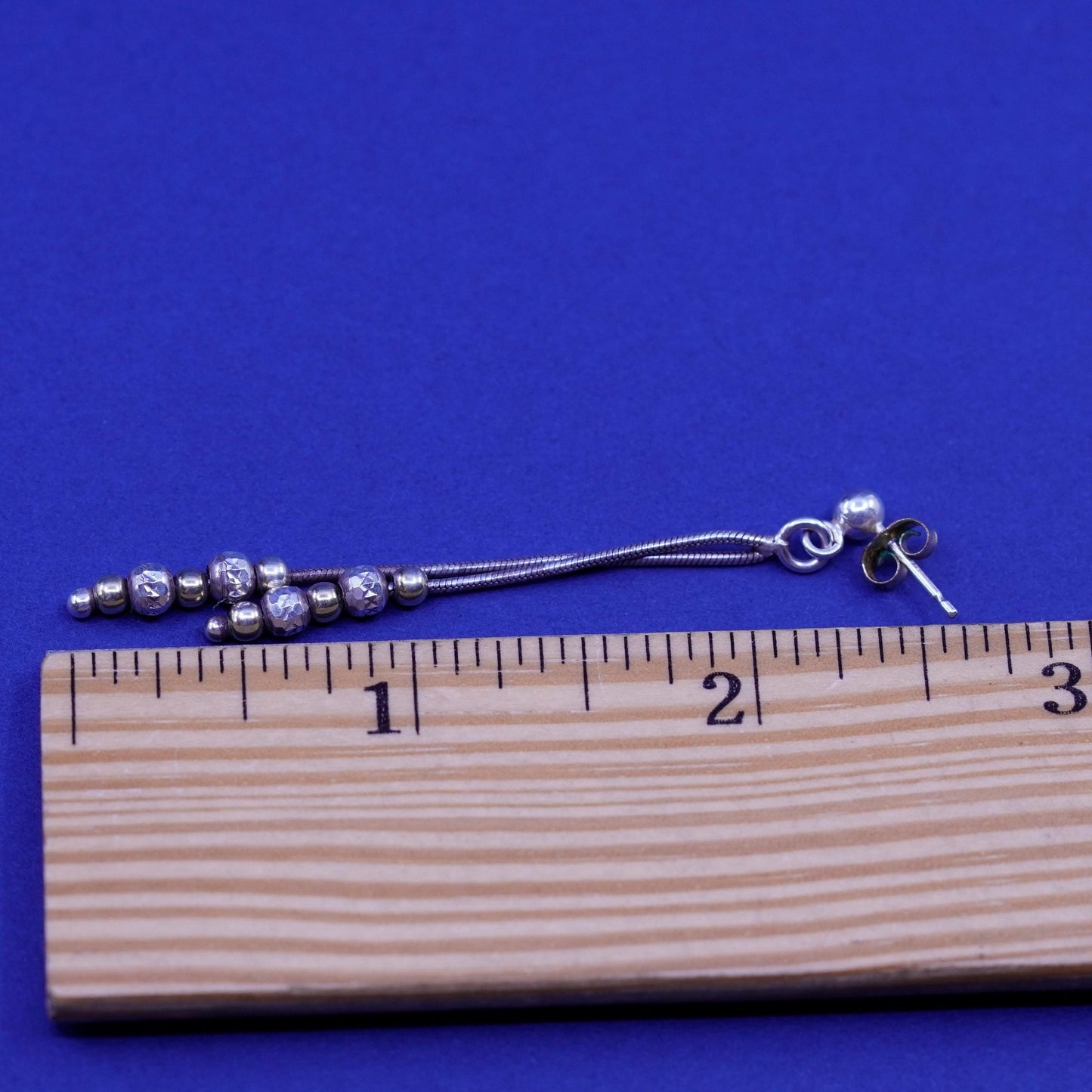 Vintage Sterling 925 silver handmade fringe earrings, snake chain with beads