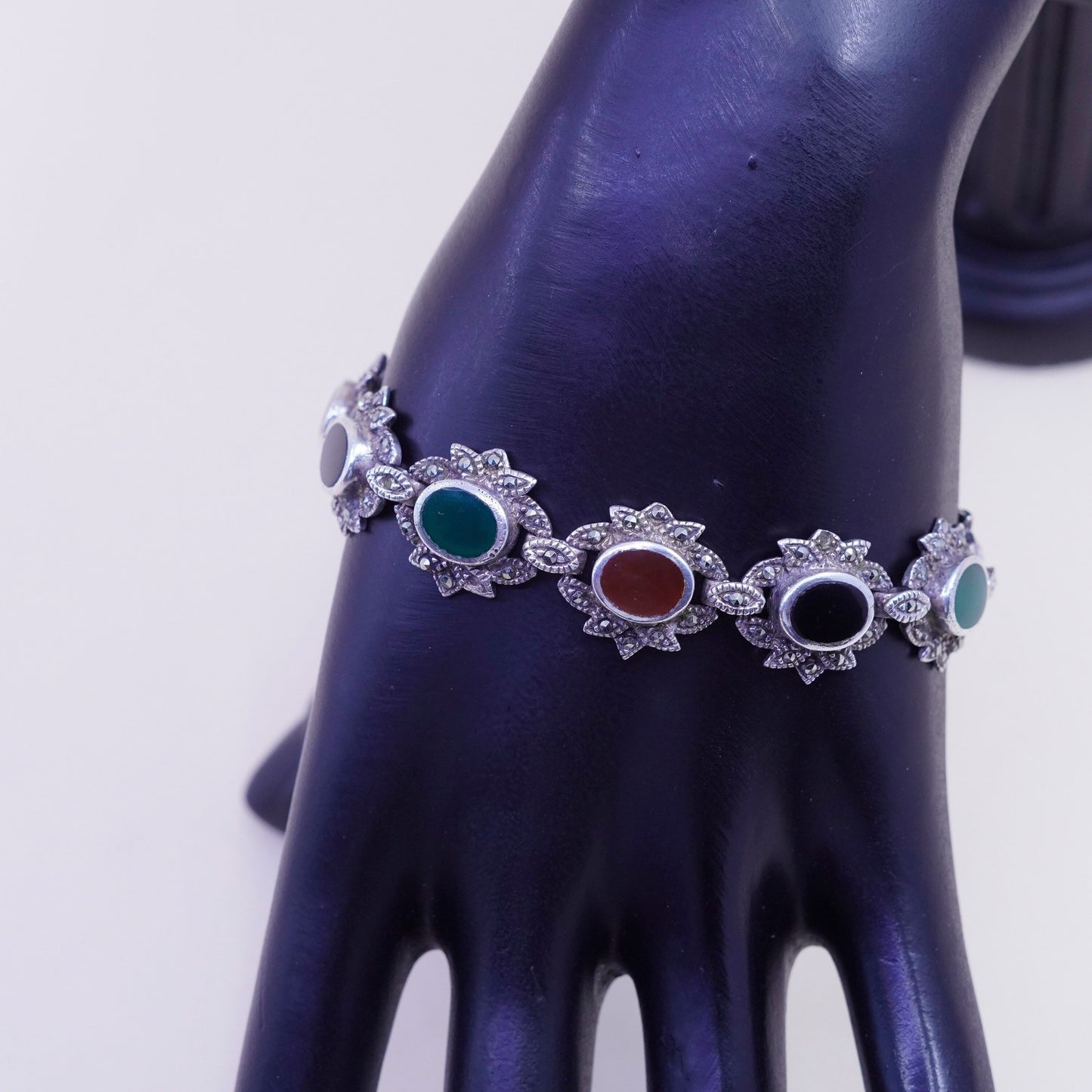 7.5”, Sterling 925 Silver Handmade Bracelet Marcasite carnelian emerald onyx