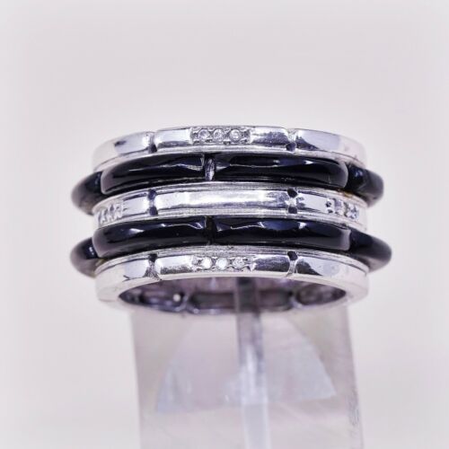 Sz 7.5, Vtg Sterling Silver Handmade Ring, 925 Silver Band W Obsidian Inlay