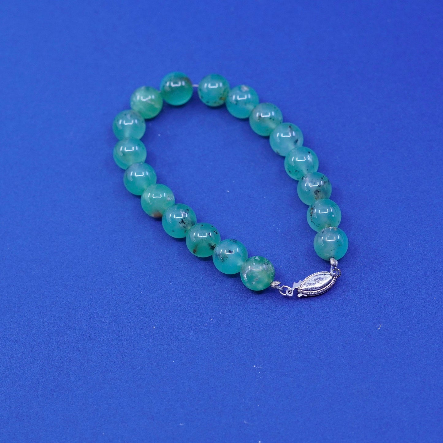 6.5”, vtg 1960s Sterling silver handmade bracelet, 925 clasp with Jade beads