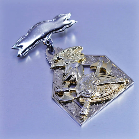 Vintage sterling silver handmade brooch, two tone knight medal