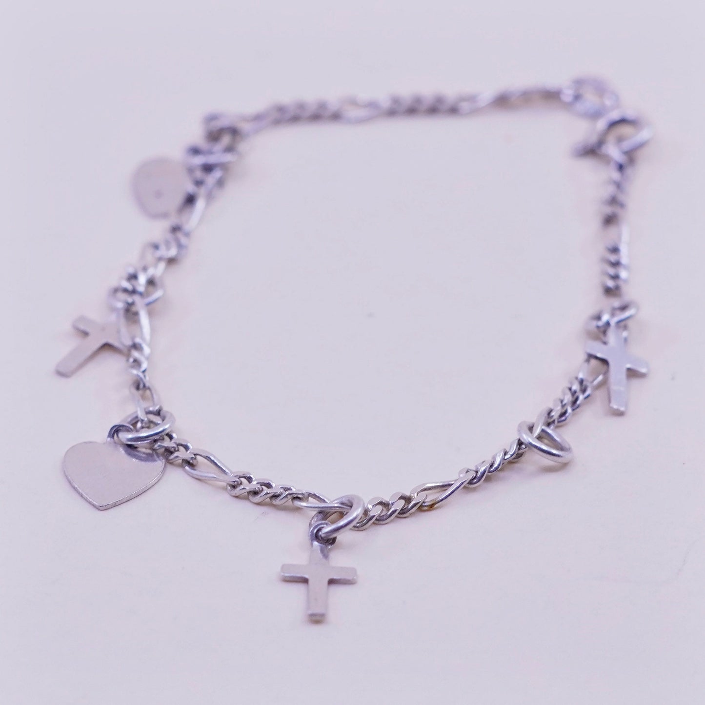 7”, Vintage sterling silver heart bracelet, 925 figaro chain heart cross charms