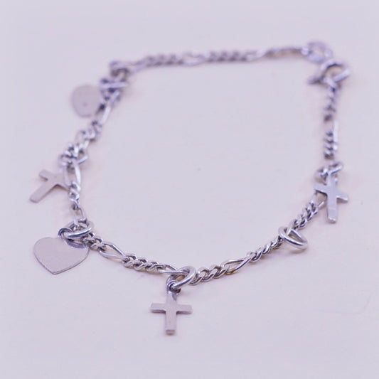 7”, Vintage sterling silver heart bracelet, 925 figaro chain heart cross charms