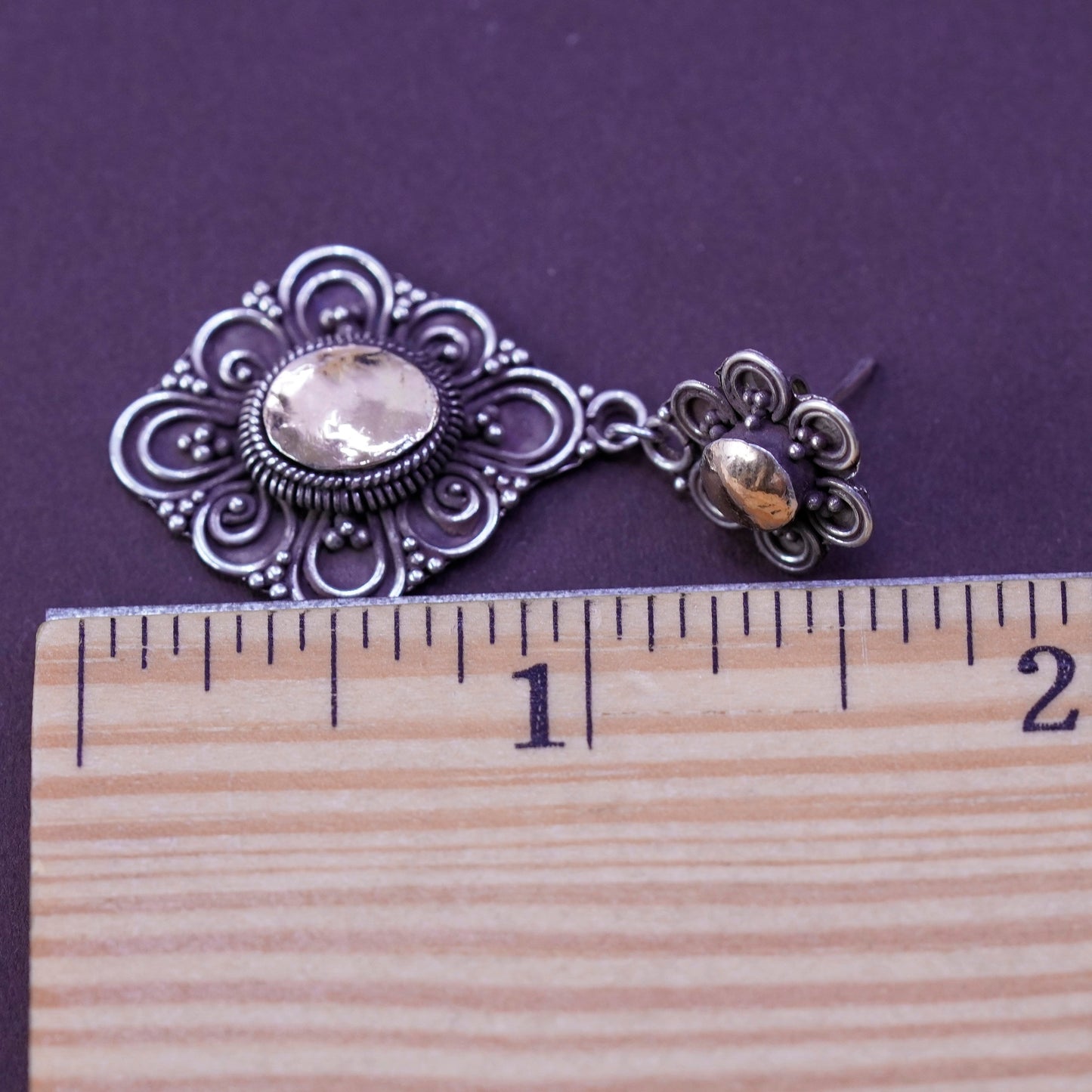 Two tone handmade sterling silver earrings, 925 floral dangle 14K accent beads