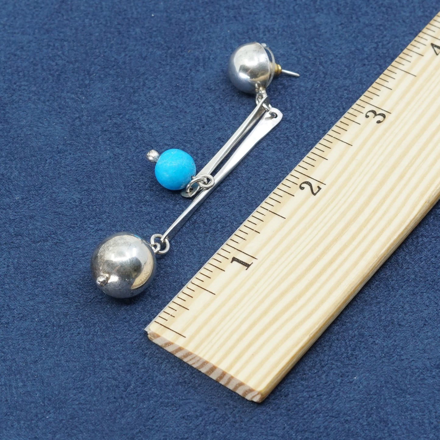 3”, vtg sterling 925 silver handmade long earrings w/ turquoise beads