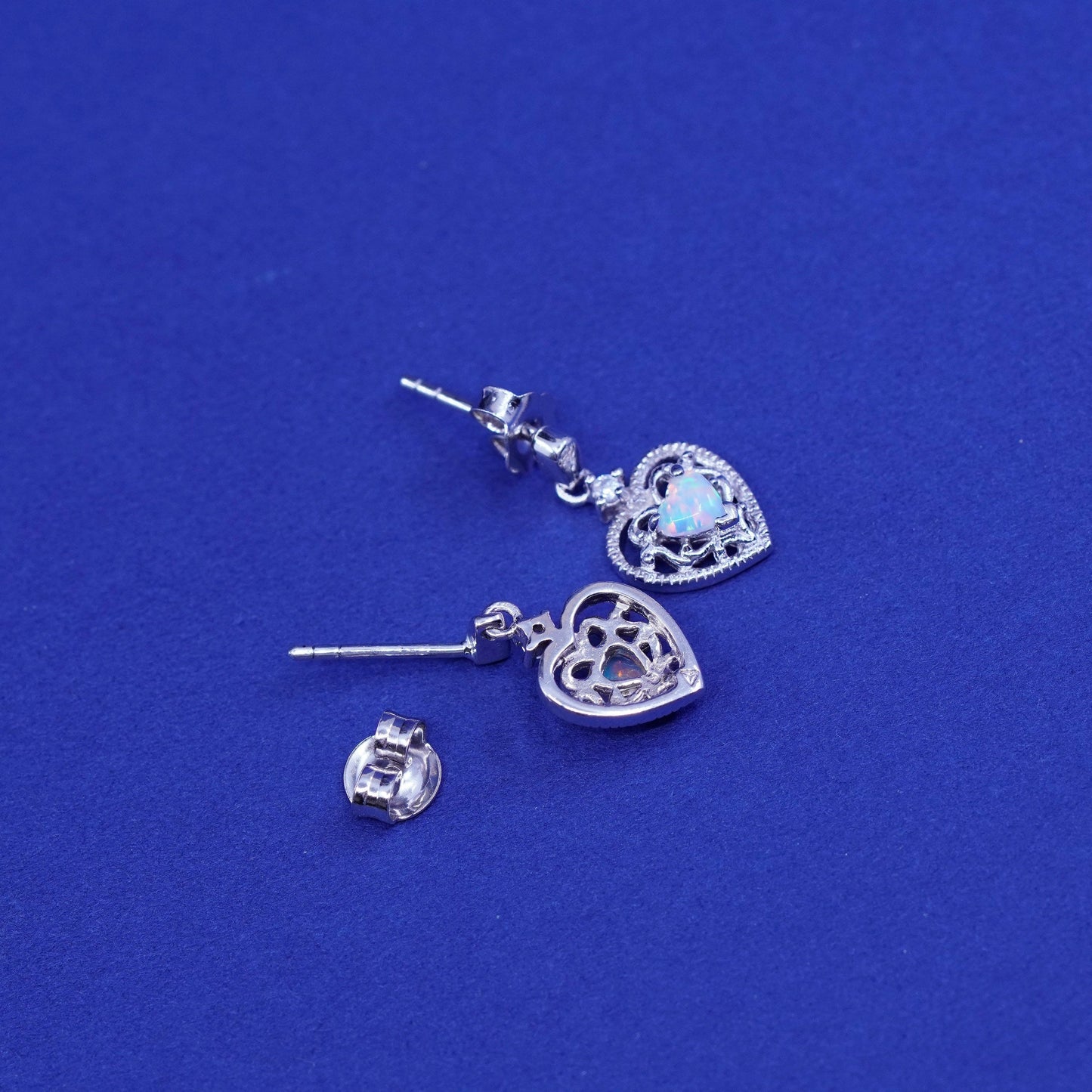 Vintage sterling 925 silver filigree heart earrings with fire opal