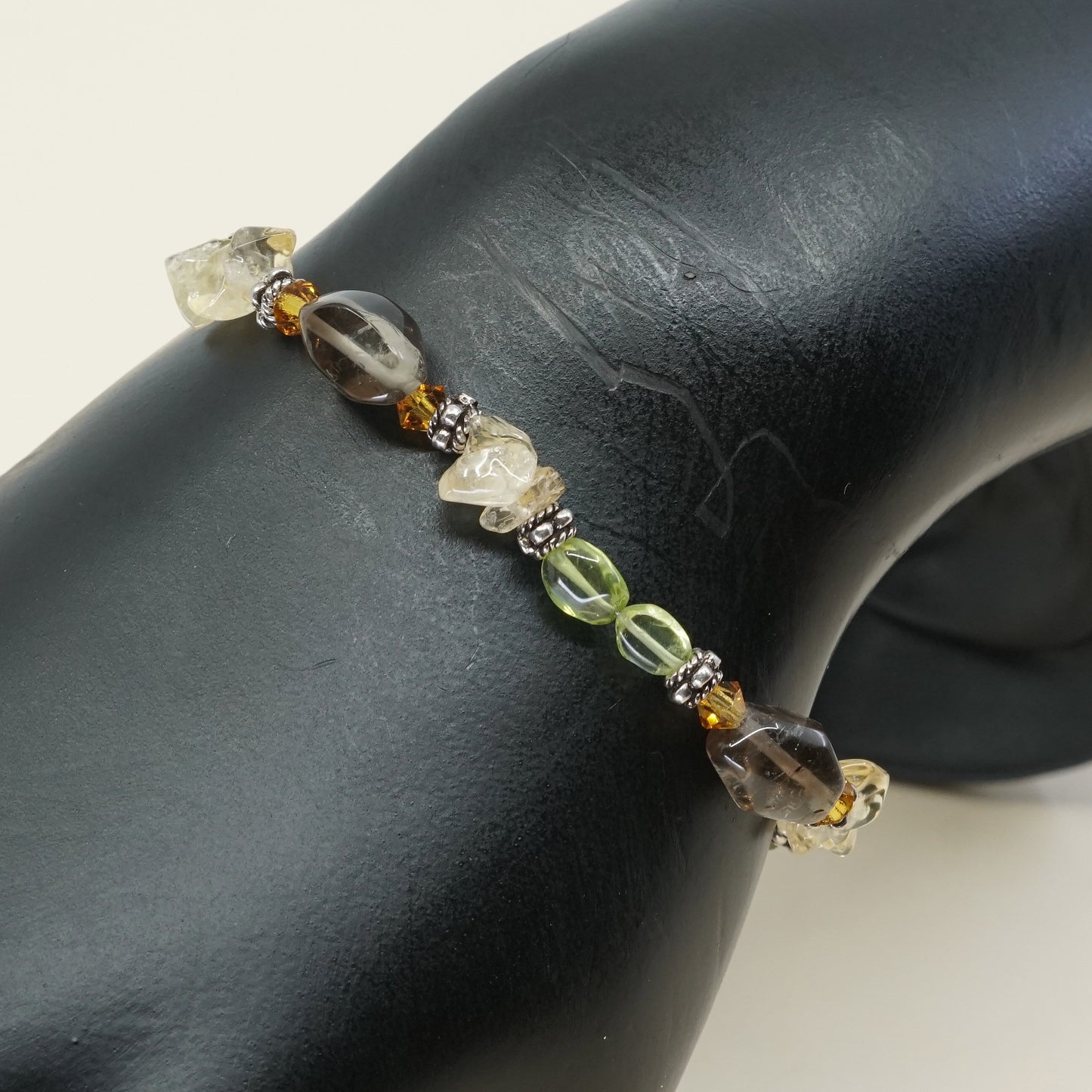 7.25" vtg sterling silver handmade bracelet amethyst, Citrine N peridot beads
