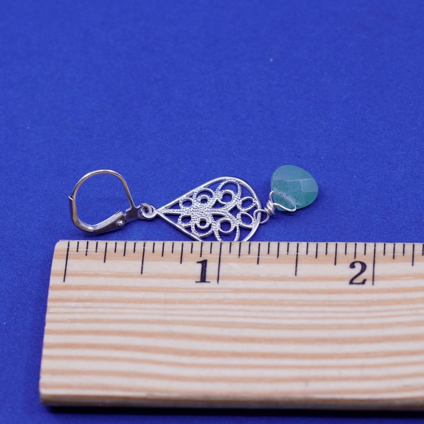 Vintage sterling 925 silver handmade filigree earrings with teardrop jade
